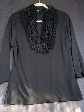 Milano Black Ruffle V-Neck Long Sleeve Top